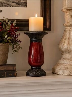 Partylite Moroccan Spice Pillar Candle Holder Red Burgundy Metal Base Vintage